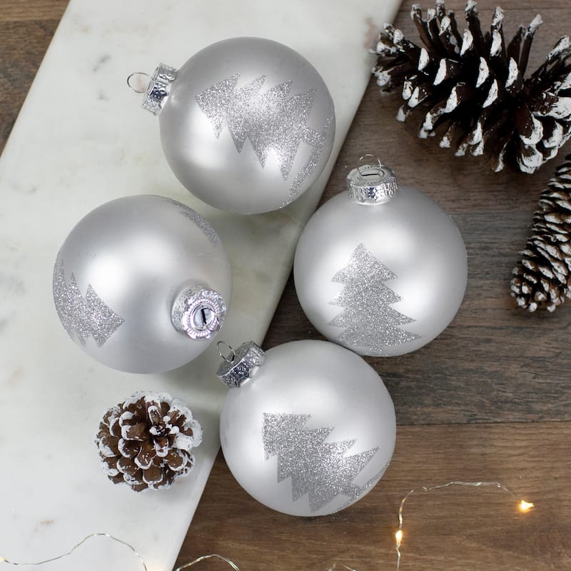 Set of 4 Silver Glass Ball Christmas Ornaments 3.25" (80mm)