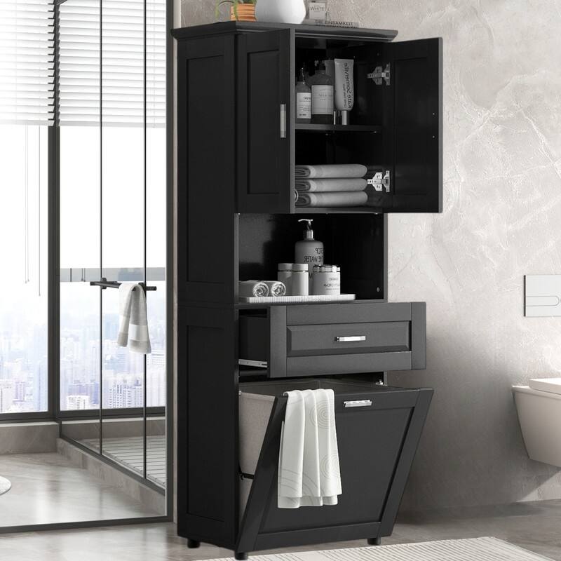 Tall Tilt Out Laundry Hamper Cabinet With Drawer Bathroom Storage Cabinet Shelf With Multiple Storage Space - Narrow Black