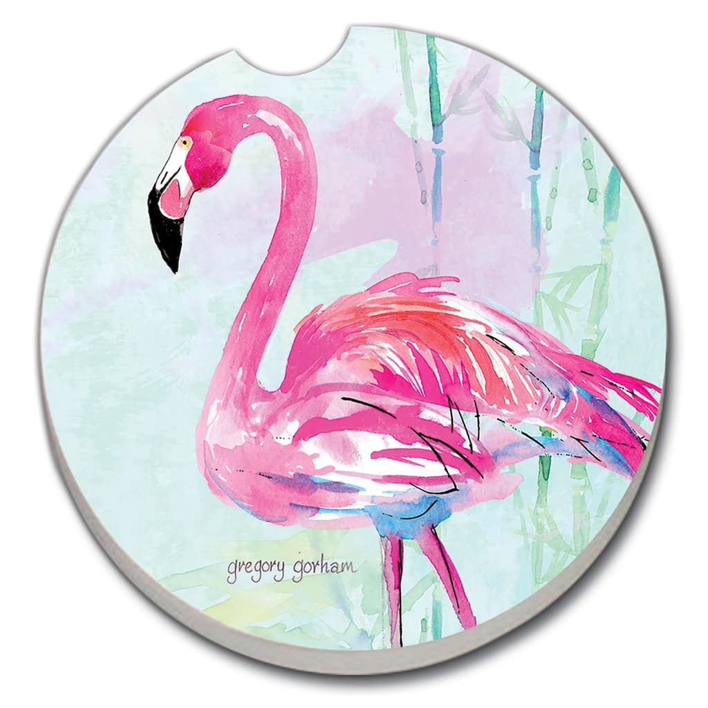 Counterart Absorbent Stoneware Car Coaster, Flamingo Flair, Set of 2 - 2.5