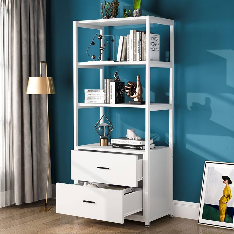 4-Tier Rustic Bookcases with 2 Drawers, Etagere Standard Book Shelves Display Shelf for Home Office