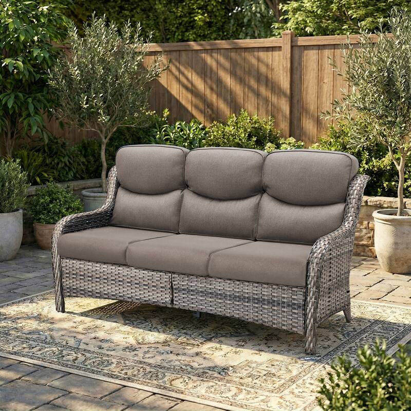 Pocassy Outdoor 3 Seat Sofa with 5 In Thick Cushion Patio Wicker Sofa - Gray Wicker Gray Cushion