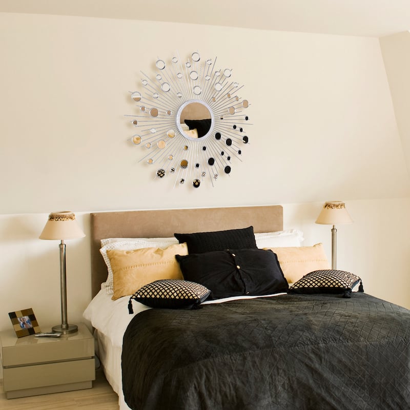 "Milkyway I" Bling Round Wall Mirror with Silver Metal Frame, Decorative Mirror - 36 x 36