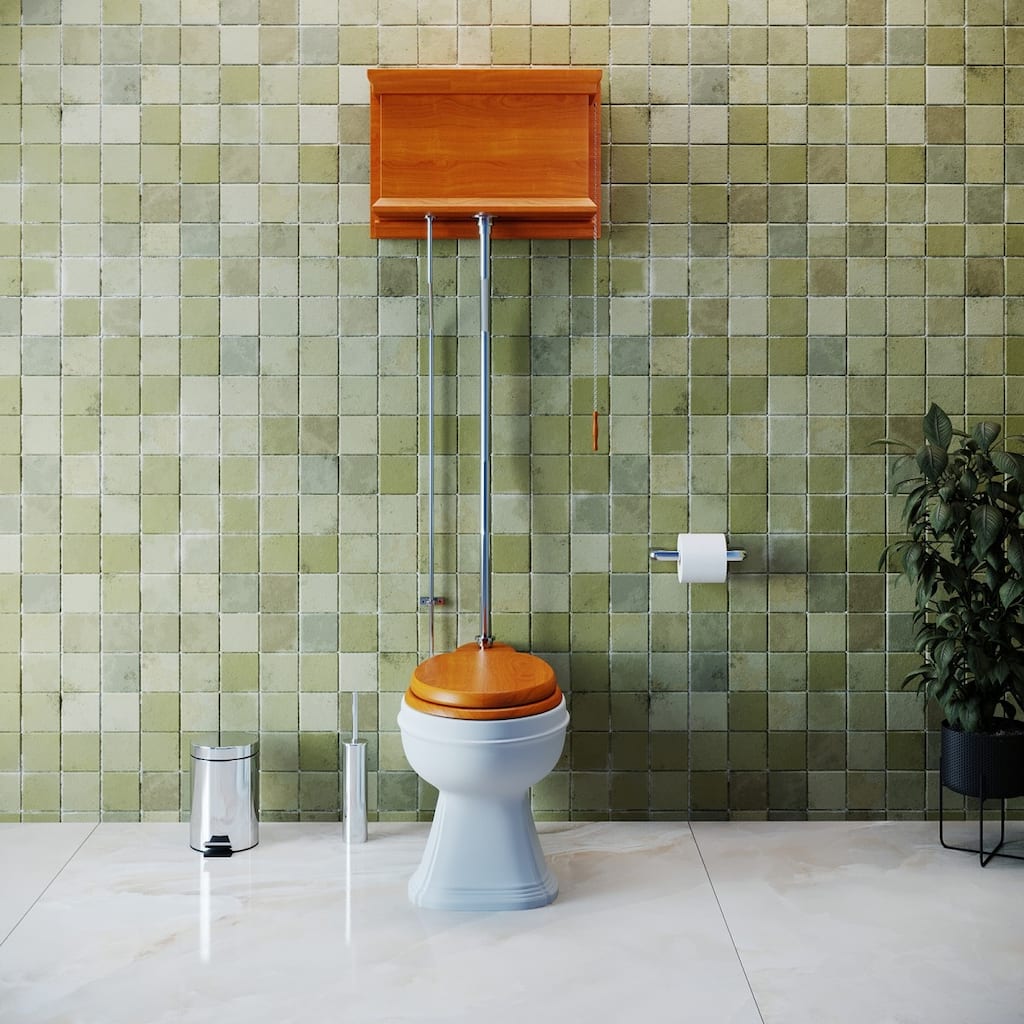 High Tank Toilet - Light Mahogany Flat Tank, Chrome Plated Z Pipe and Round White Bowl Renovators Supply