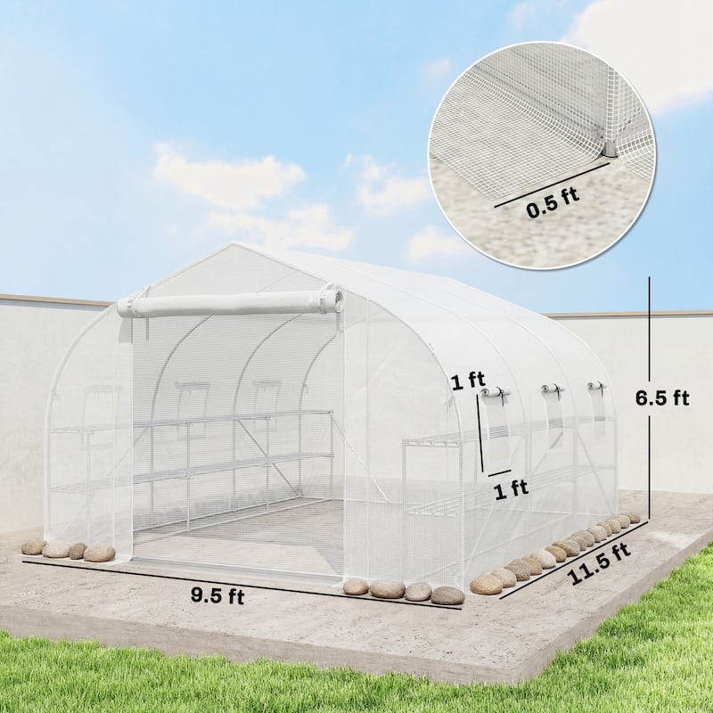 Outsunny 10'x11'x6' Walk-in Tunnel Greenhouse with Shelves, Mesh Door and Windows, Plant Hot House with PE Cover