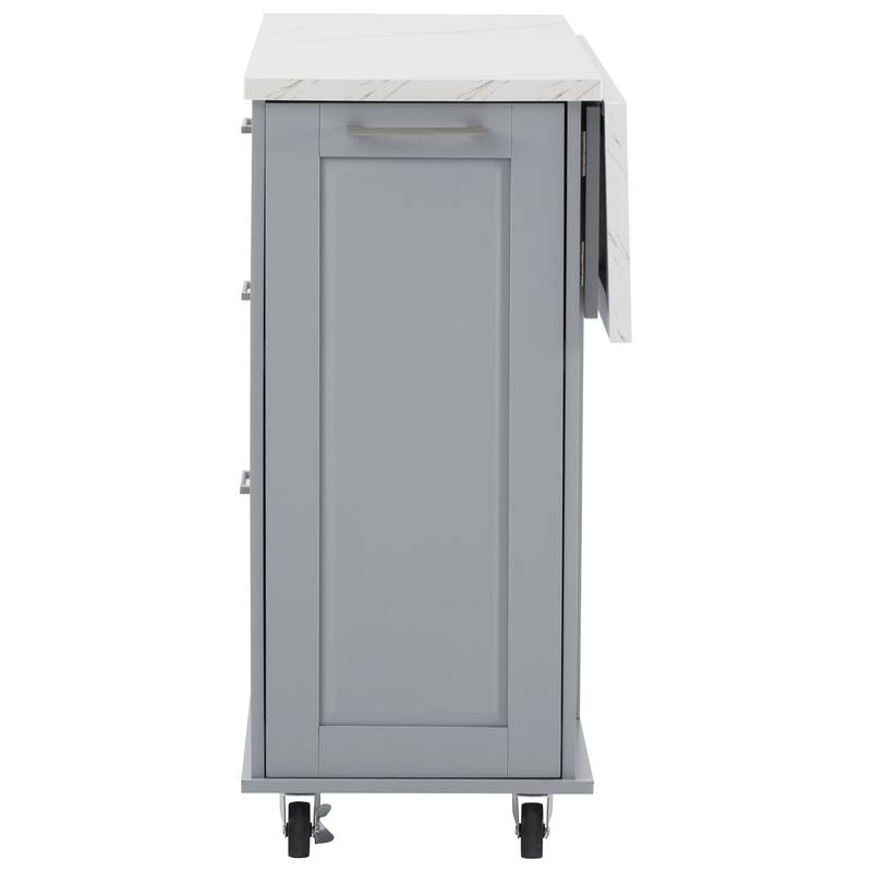 Kitchen Island Cart on Lockable Wheels with Drop Leaf, 2 Drawers & 1 Door, Rolling Island with Hidden Tilt-Out Trash Bin
