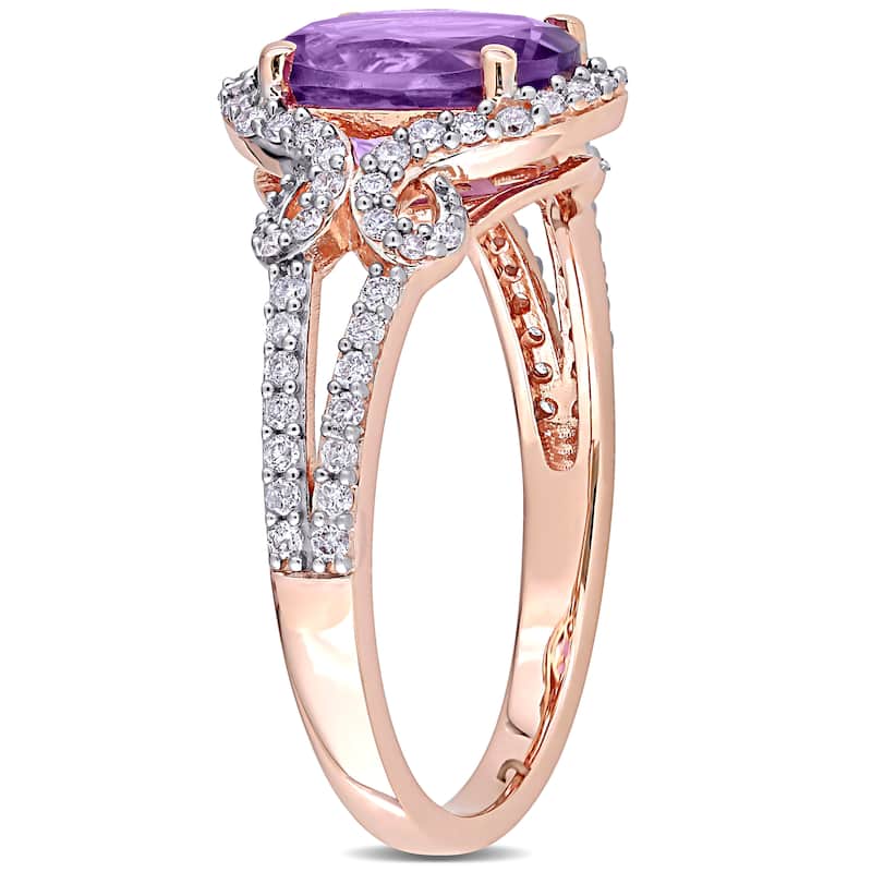 Miadora 14k Rose Gold Oval-cut Amethyst and 1/3ct TDW Diamond Halo Split Shank Engagement Ring