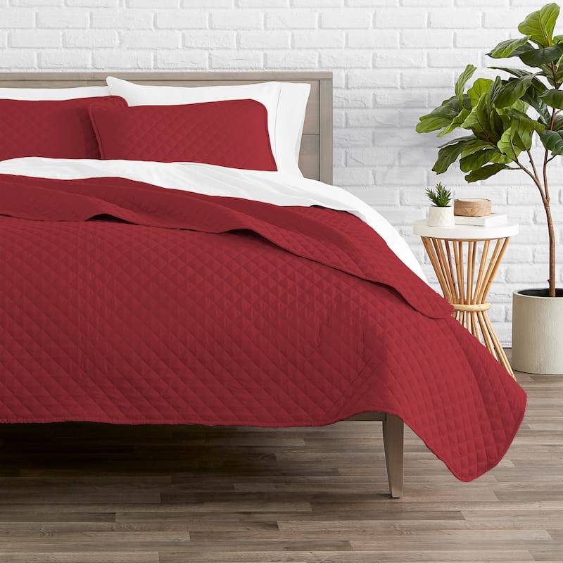 Bare Home Lightweight Coverlet Bedspread & Microfiber Sheet Set Bundle - Coverlet Set: Red, Sheet Set: Grey - Full - Queen