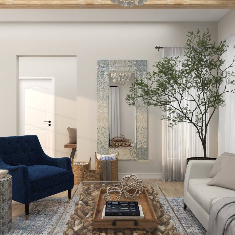 Cream Mother of Pearl Shell Handmade Mosaic Room Wall Mirror with Blue Corners