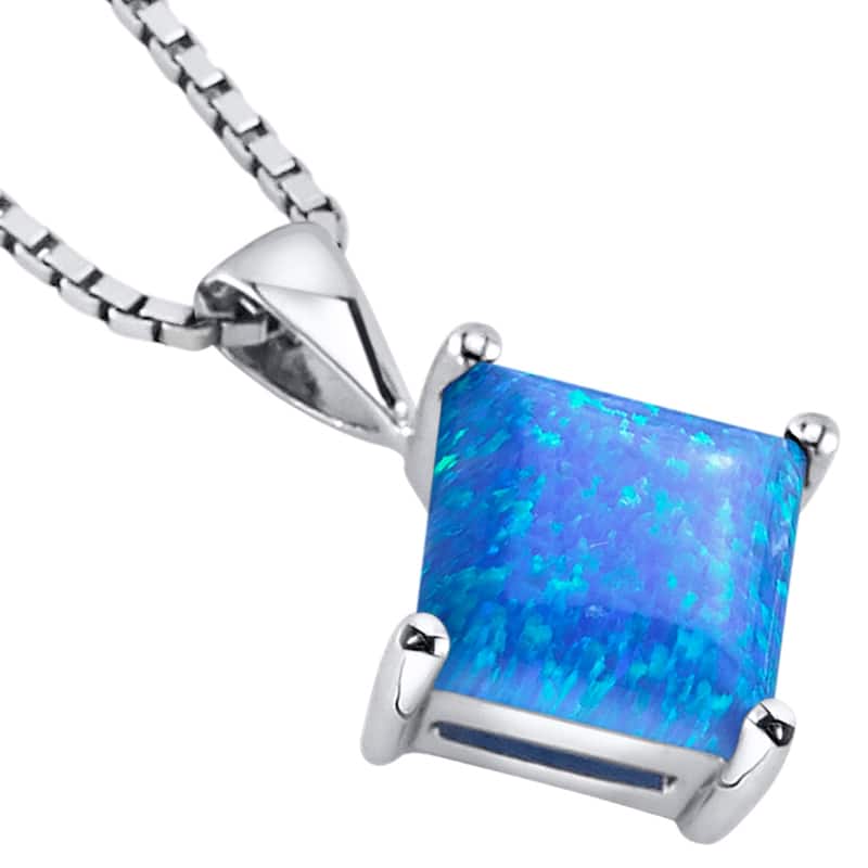 14k White Gold Gold Princess Cut Created Blue Opal Pendant