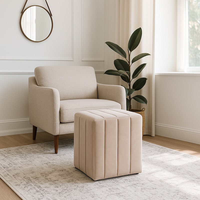 Square Upholstered Ottoman - Compact Pouf Footstool - 19", Tan