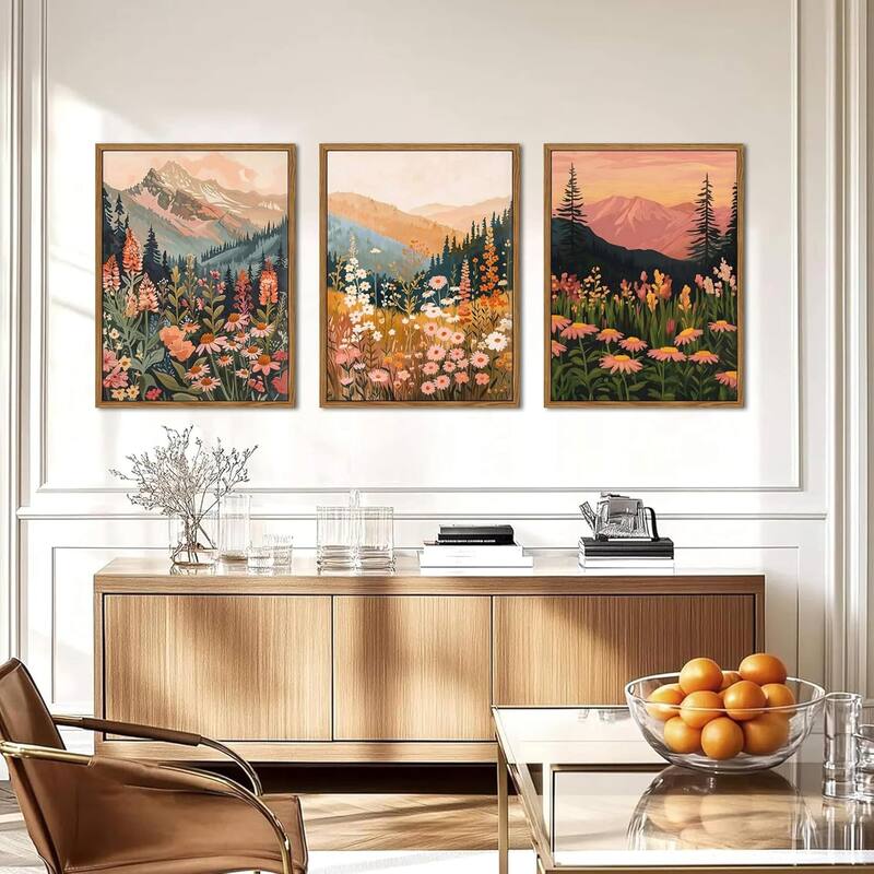 Colorful Mountain Wall Art Set of 3, Vintage Wildflower Landscape