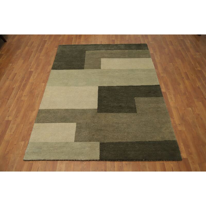 Hand Knotted Oriental 100% Wool Carpet Modern Geometric Green Gabbeh Area Rug - 7' 8'' X 5' 5''
