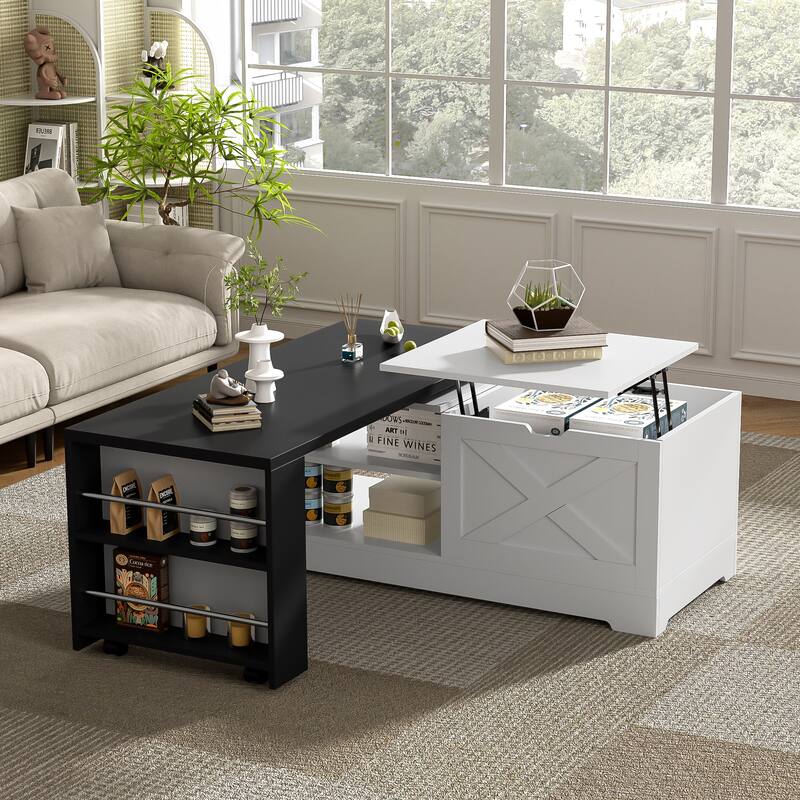 Farmhouse Lift Top Coffee Table With Barn Doors, Wood Rectangle Center Table With Large Hidden Storage Space - White+Black