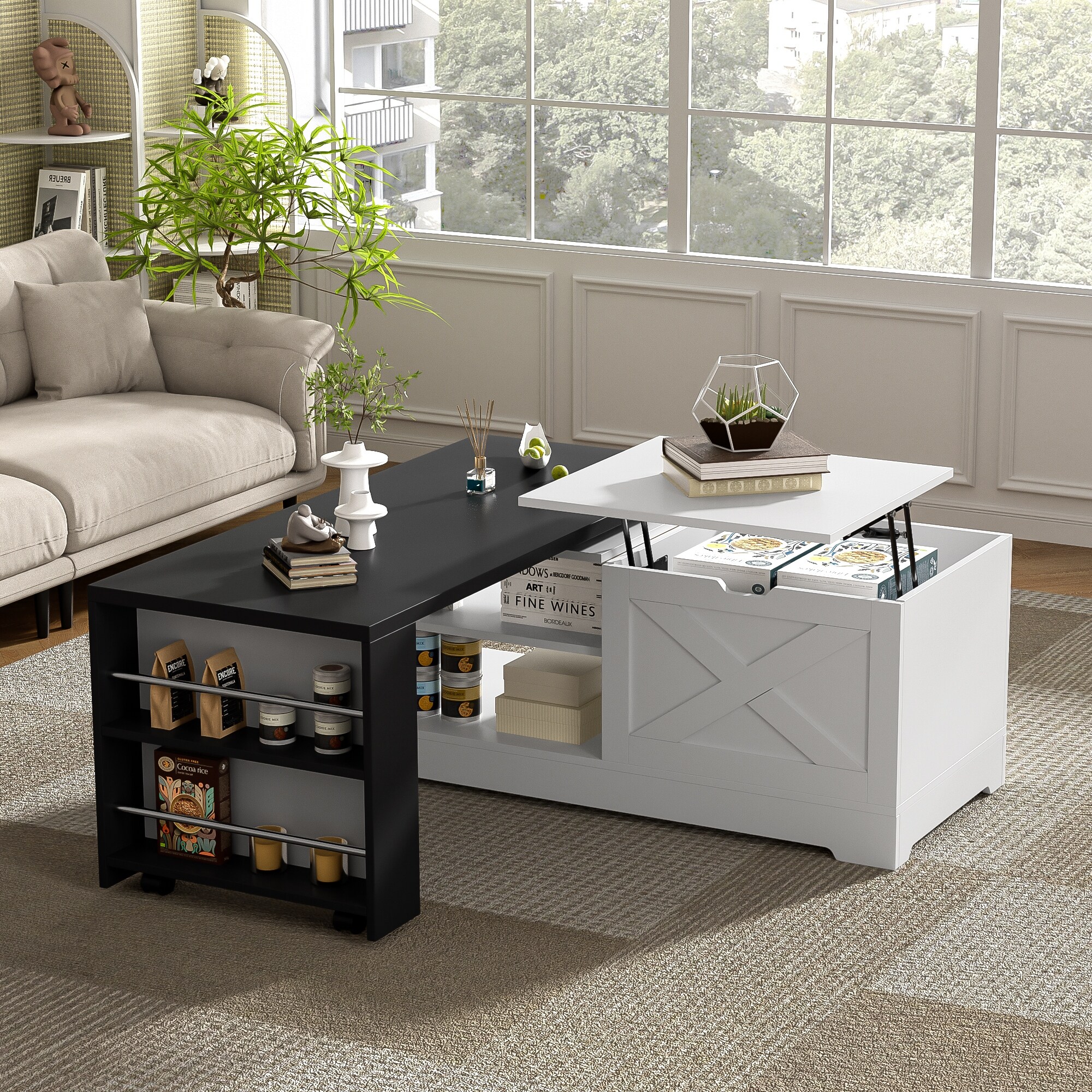 Lift Top Coffee Table With Barn Doors, Wood Rectangle Center Table With Large Hidden Storage Space And Open Cabinet
