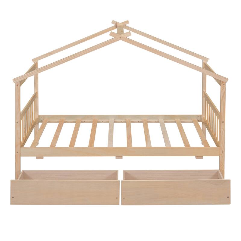 Twin Size Wooden House Bed with Drawers, Kids House-Shaped Daybed with Roof and Storage, Pinewood Frame, No Box Spring Needed