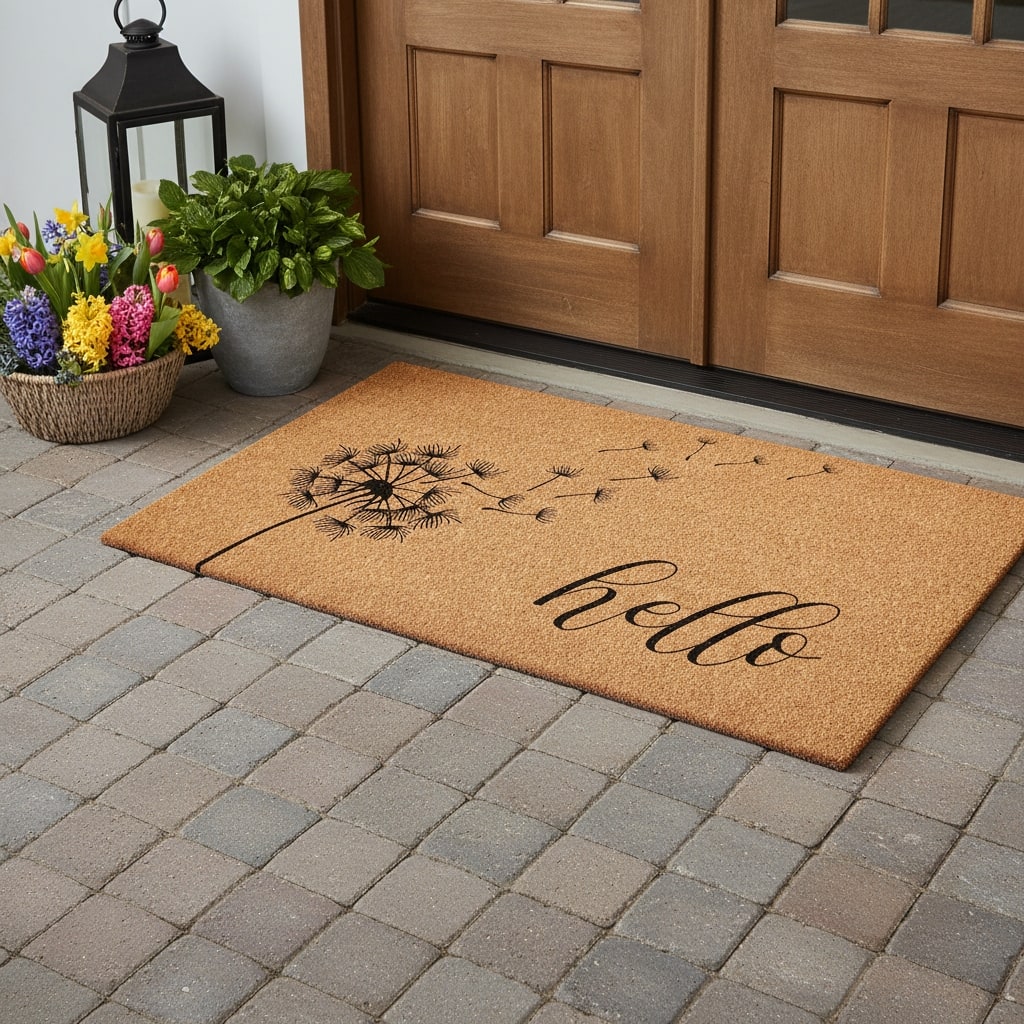 HomeRoots 24" X 48" Brown And Black Floral Hello Outdoor Coir Door Mat - 24.00' X '48.00