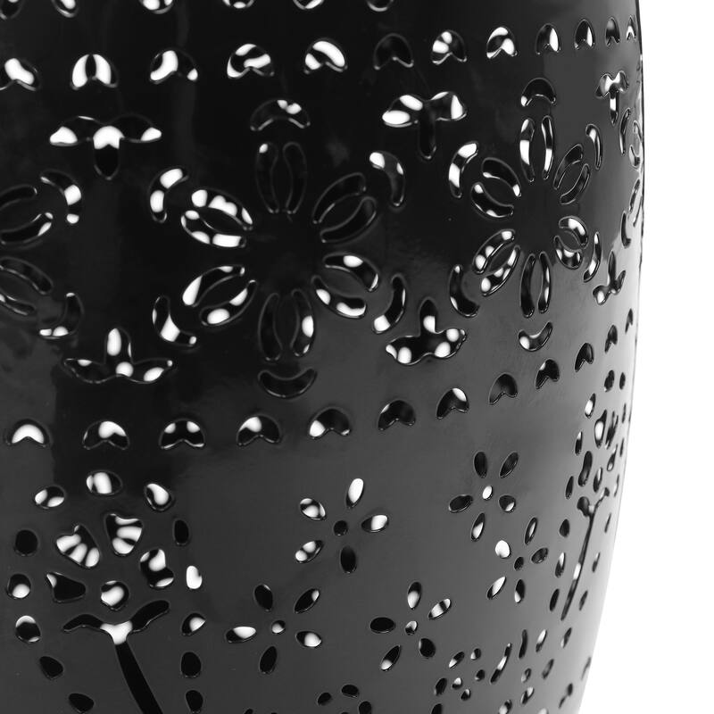 Sola Side Table, Solar Powered Light, 18 Inch Barrel Shaped Black Iron