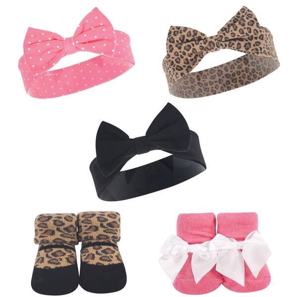 slide 1 of 1, Hudson Baby Infant Girl Headband and Socks Set 5pk, Leopard, 0-9 Months - Leopard Leopard - 0-9 Months