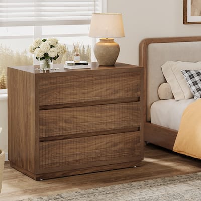 Fluted Nightstand with 3 Drawers, Vintage Brown