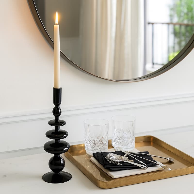 Sculptural Glass Candle Holder with Rounded Accent Base - Modern Tabletop Candle Holder for Any Room - 4" x 4" x 11" - Black