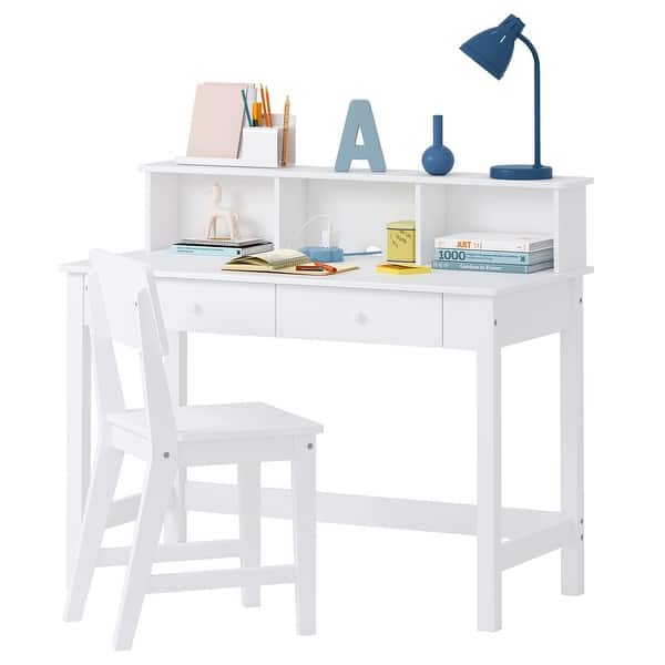 slide 2 of 8, COSTARS Kids Desk and Chair Set with Hutch, Wooden Study Table for 5–12 Years Old, Student Writing Desk and Computer Workstation White