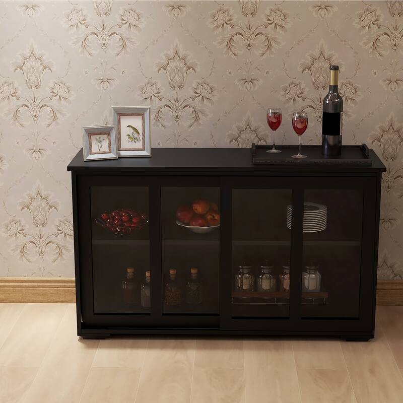Anmytek Modern Black Storage Cabinet with Sliding Glass Doors Display Bookcase for Living Room Dining Room