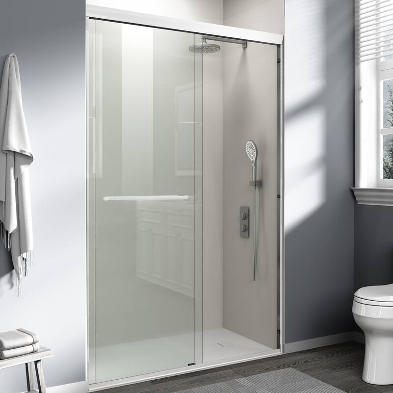 ABRUZZO 44-48" W x 72" H Semi-Frameless Double Sliding Tempered Glass Shower Door with Dual Towel Bars