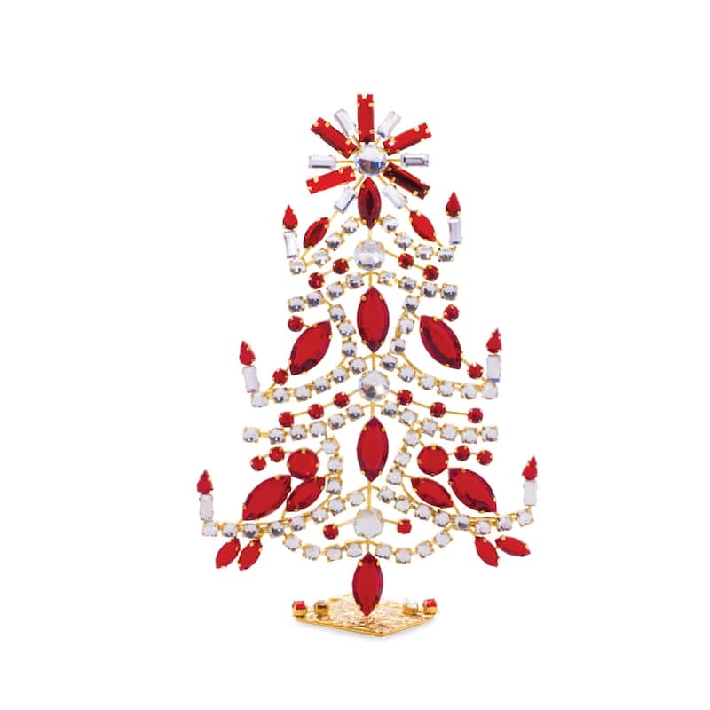 Jeweled Metal Christmas Tree Decoration - 8" - Red and Clear - Set of 2