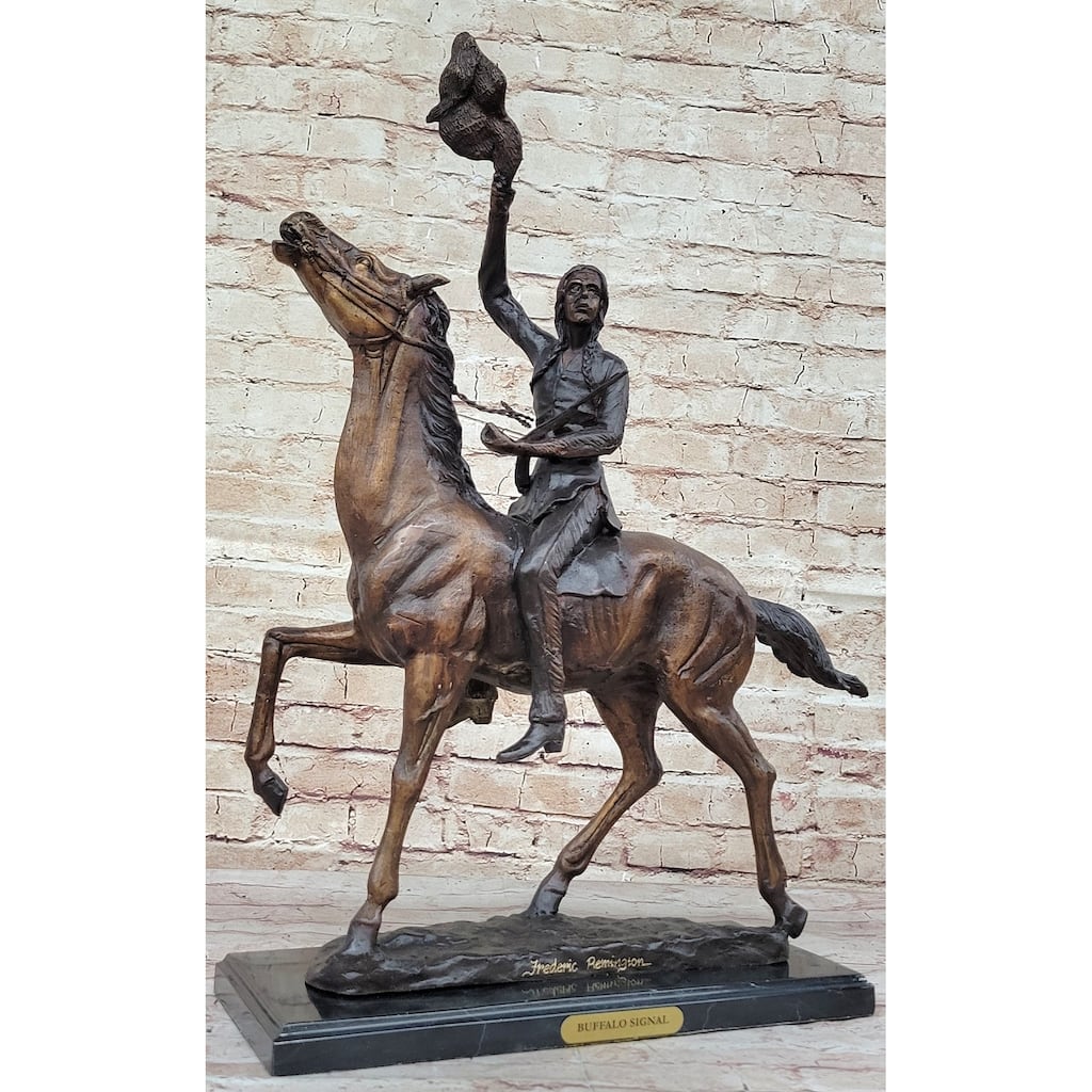 Buffalo Signal By Frederic Remington Bronze Statue Sculpture Native American Horseback 25 Inches X 17 Inches