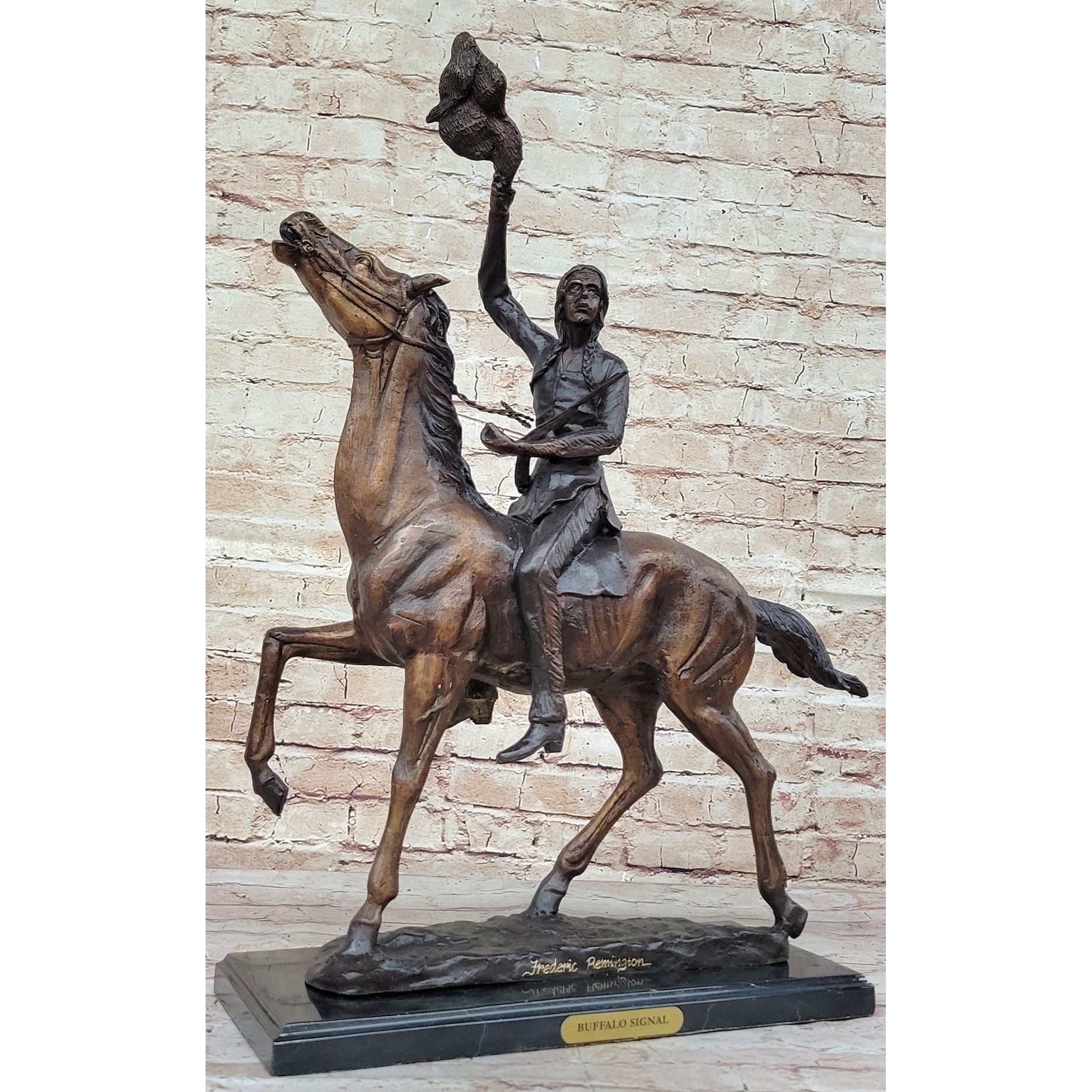 Buffalo Signal By Frederic Remington Bronze Statue Sculpture Native American Horseback 25 Inches X 17 Inches
