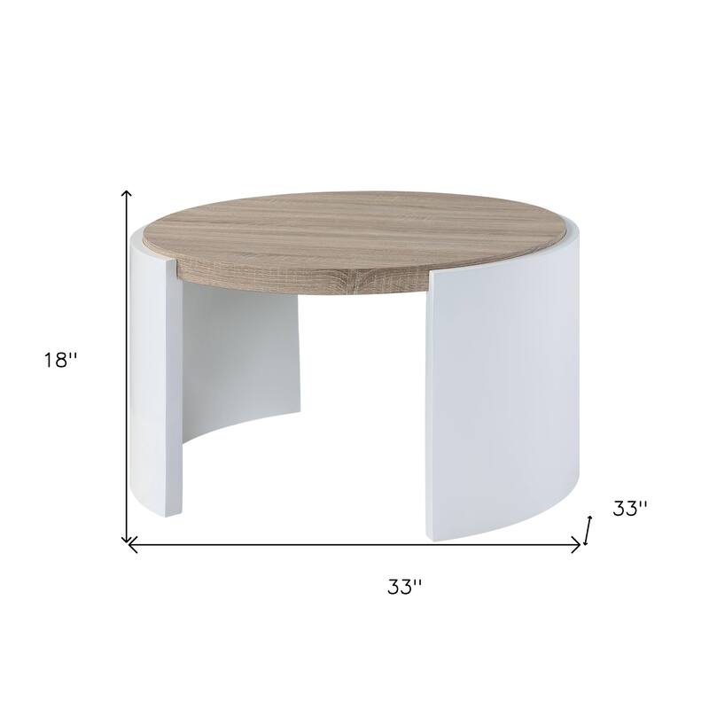 HomeRoots 33" Oak and White Wood Round Partial Frame Coffee Table - 33.00 in. x 18.00 in. x 33.00 in.