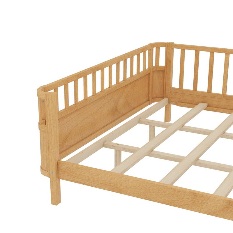 Multi Size Low Platform Bed for Kids with Rounded Corners Guardrails, Detachable Right-side Fence and Open Left-side Design
