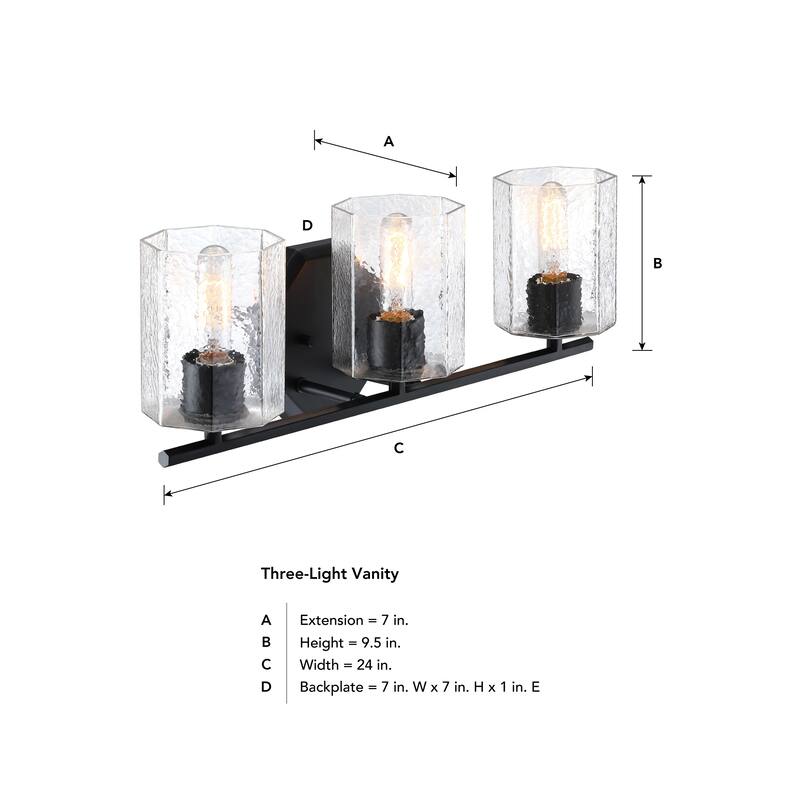 Haven 24 in. 3-Light Matte Black Vanity Light with Clear Rippled Glass Shades for Bathrooms