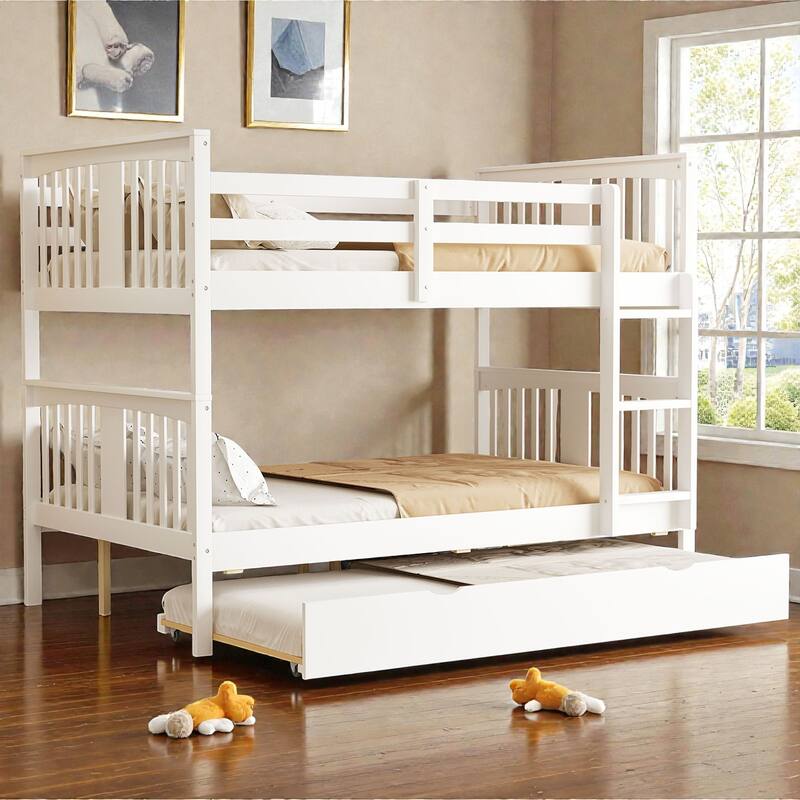 Full over Full Bunk Bed with Twin Trundle, Solid Wood Frame, Safety Guardrails & Ladder, Convertible into Two Beds