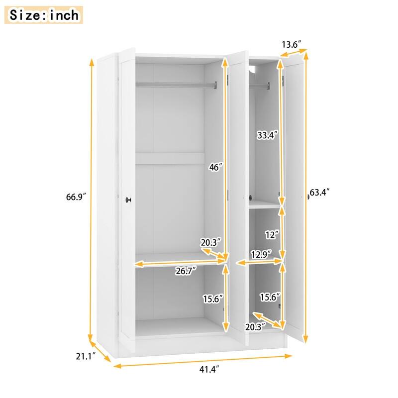 3-Door Shutter Wardrobe with Shelves and Hanging Rod, Wardrobe Armoire Closet w/ 3 Doors, Wood Clothes Storage Cabinet Organizer