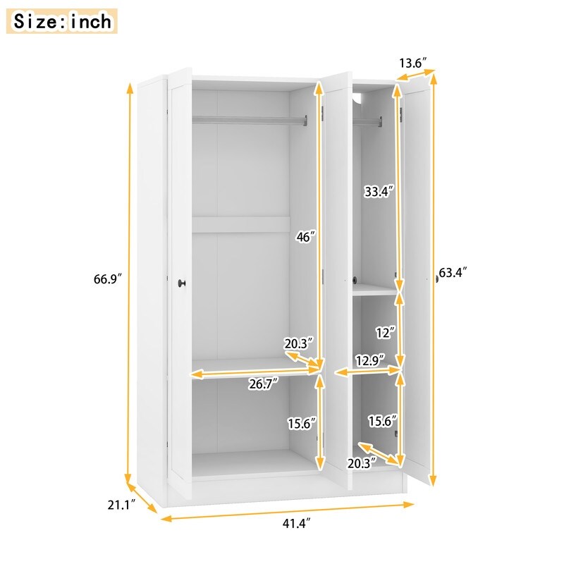 3 Door Shutter Wardrobe with Shelves and Hanging Rod Wardrobe Armoire Closet w 3 Doors Wood Clothes Storage Cabinet Organizer On Sale Bed Bath Beyond 40141907