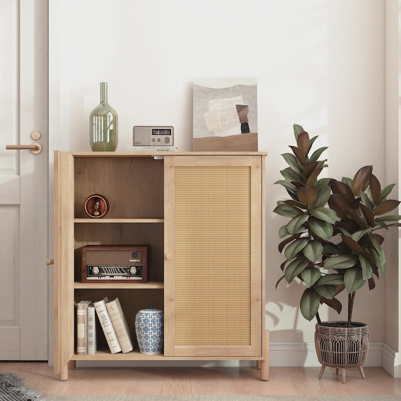 Anmytek Light Wood Rattan Double Door Storage Cabinet Space-Saving Boho Accent Cabinet