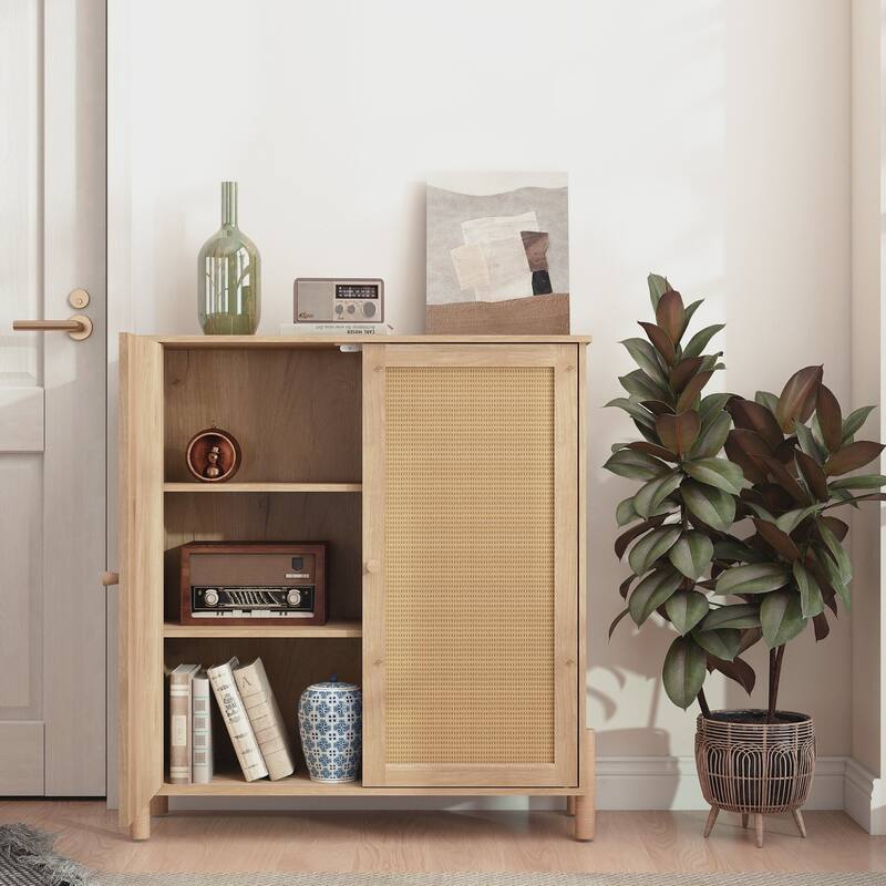 Mid-Century Modern Storage Cabinet with Woven Rattan Doors & Adjustable Shelves