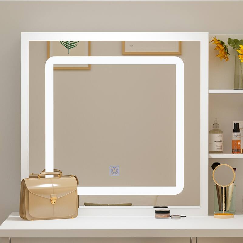 39.4'' Make up Vanity Set with Stool Mirror Hidden Storage Touch Light