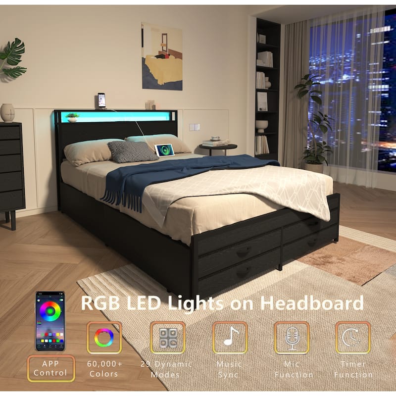 Black Platform Bed Metal Slat Support Frame with 8 Drawers, LED Headboard and Charging Station, No Box Spring Needed Storage Bed