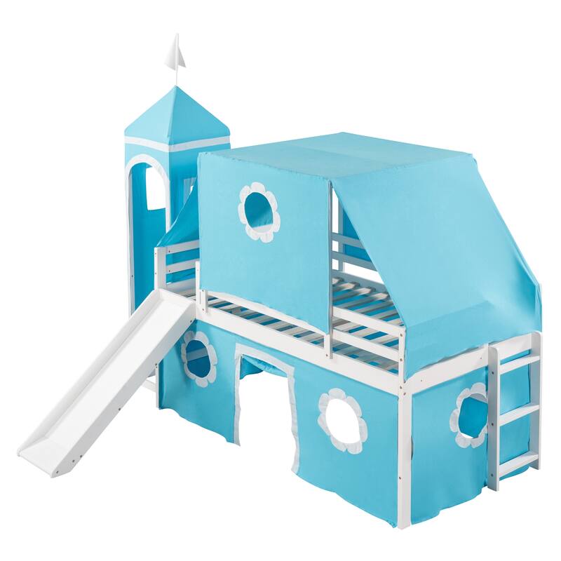 Castle-Shaped Bunk Bed with Slide and Safety Guardrail, Kids Playhouse