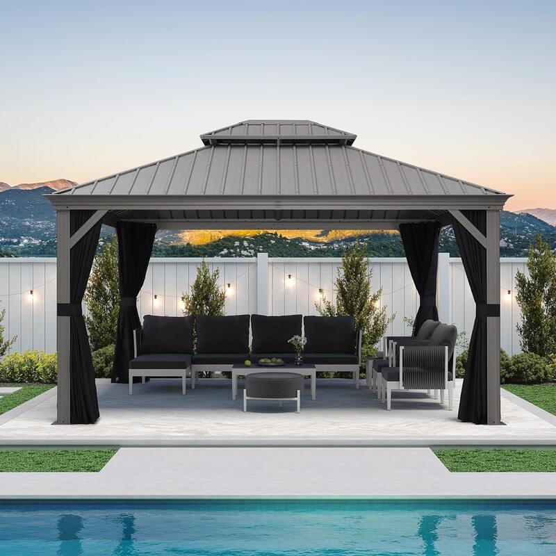PURPLE LEAF Patio Gazebo for Backyard Hardtop Galvanized Steel Frame with Upgrade Curtain - Light Grey