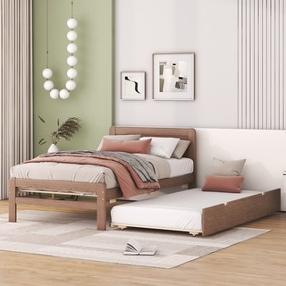 Modern Twin Size Platform Bed Frame with Twin Size Trundle Bed, Solid Wood Twin Bed Frame with Headboard for Kids Boys Girls
