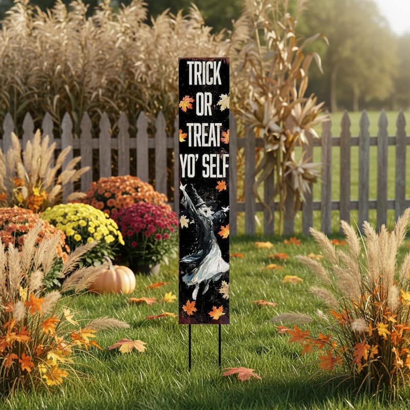 HomeRoots 42" Black Orange And White Solid Wood Trick or Treat Halloween Witch Garden Stake - Orange/White/Black - Wood