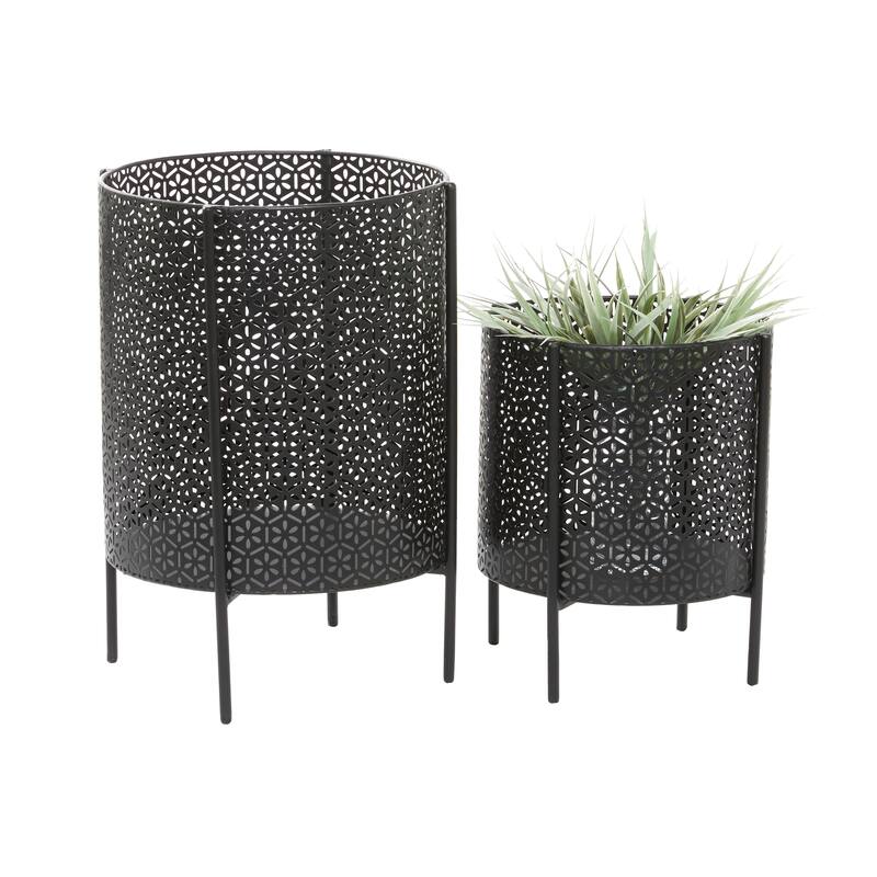 Metal Floral Cutout Planter with Removable Stand - Set of 2 Gold or Black - CosmoLiving by Cosmopolitan - Black