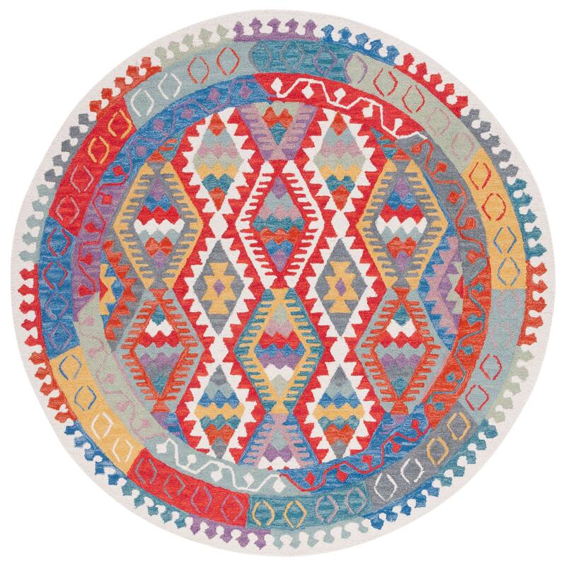 SAFAVIEH Handmade Aspen Boukje Boho Tribal Wool Rug - 7' Round - Ivory/Red