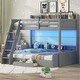 preview thumbnail 14 of 24, Twin over Full Bunk Bed with Storage Shelves, LED Light and a Drawer, Solid Wood Bunk Bedframe with USB Charging Station Grey
