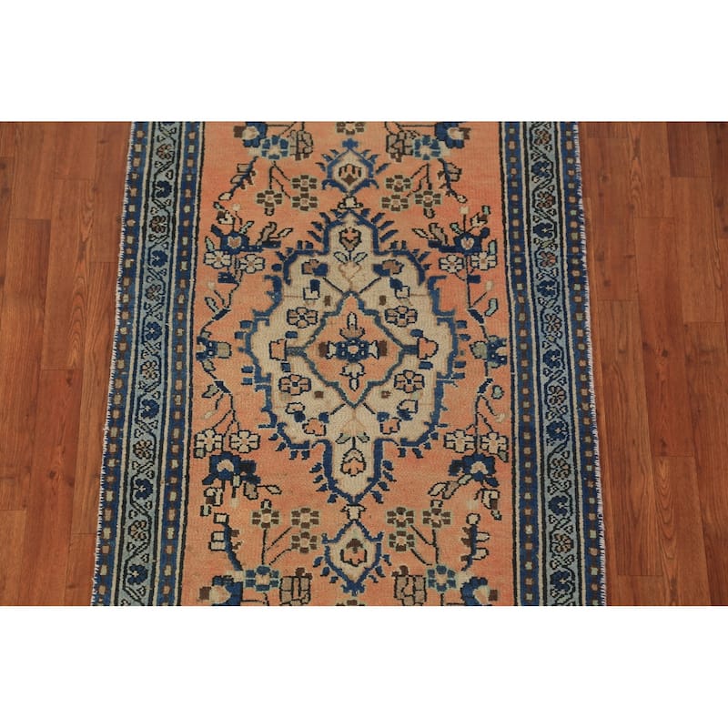 Orange Medallion Hamedan Persian Runner Rug Handmade Wool Carpet - 3'2"x 9'4"