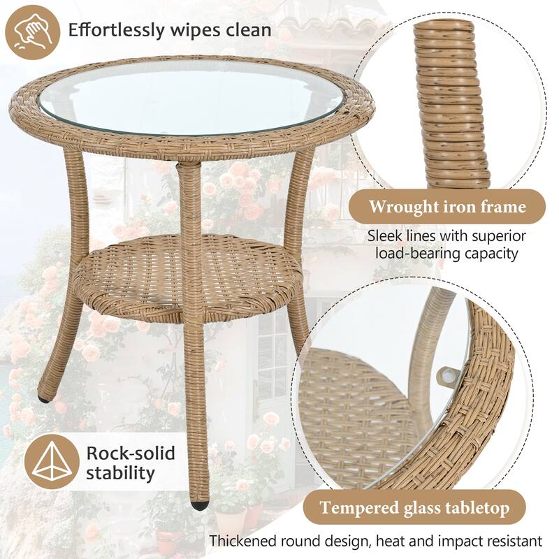 3 Pieces Rattan Bistro Set with A Glass Round Table for Patio