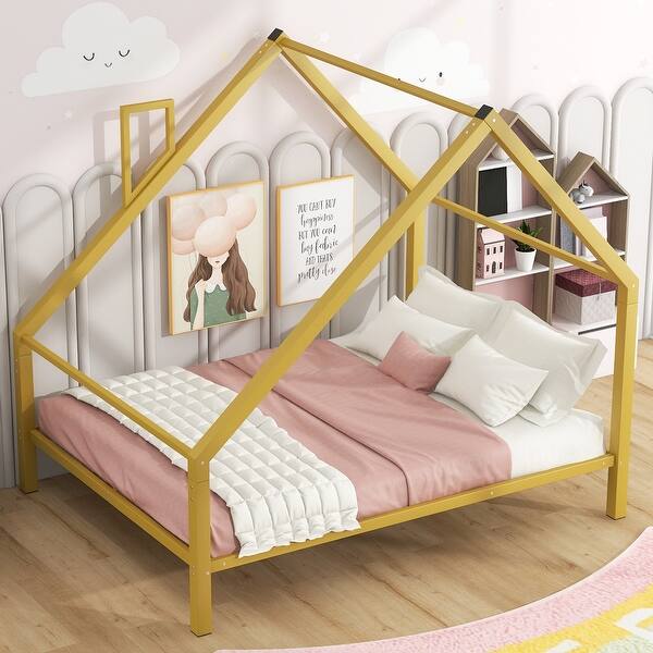 slide 2 of 10, Full Size Metal House Platform Bed with Roof & Chimney, Kids' Montessori Bed, Under-Bed Storage, No Box Spring Needed, Gold Gold